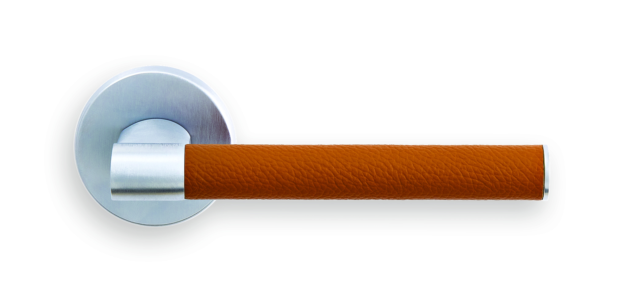 Ручка дверная HIDE LEATHER R6 CSA/Cuoio раздельная на круглой розетке, цвет матовый хром/светло-коричневый, латунь фото купить Пенза