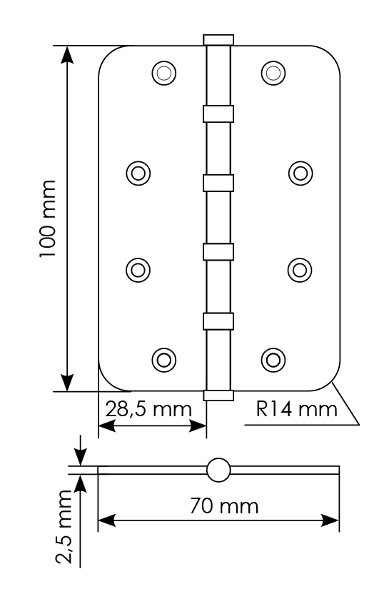Петля стальная MSN-C 100X70X2.5-4BB SG скругленная универсальная с подшипником, вес полотна до 40 кг, цвет матовое золото фото купить в Пензе